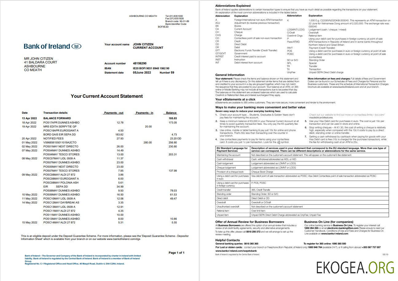 Relevé de la Banque d'Irlande d'Irlande 2 pages